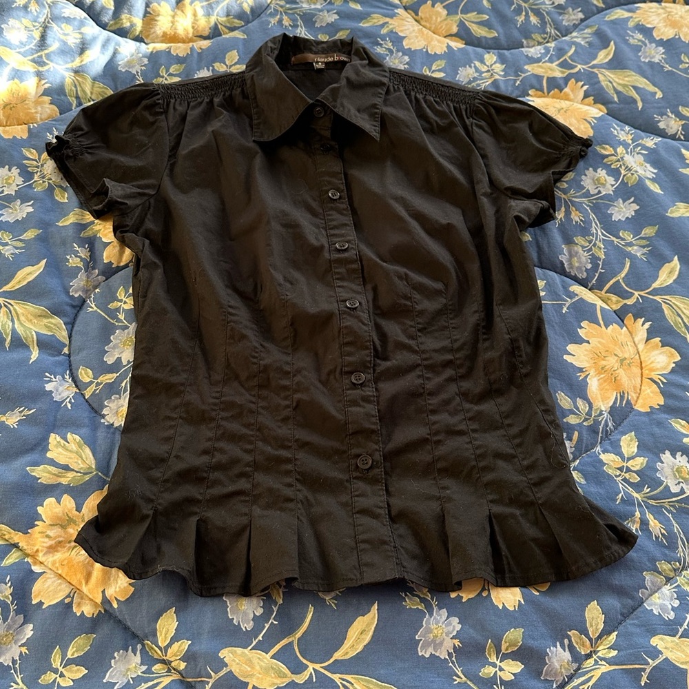 Black Short-Sleeve Button-Front Blouse